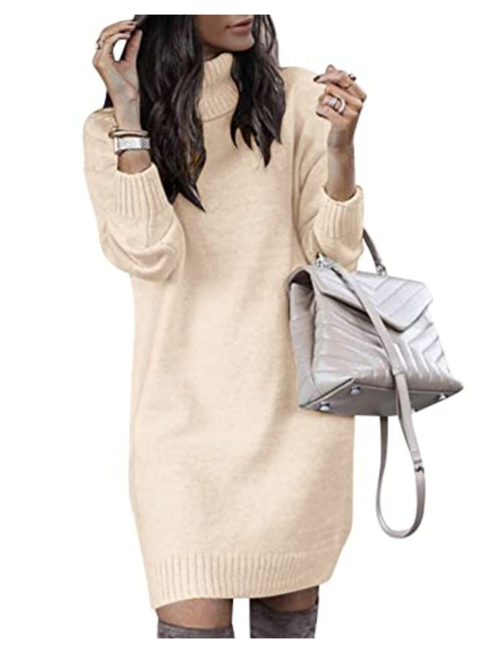 Turtleneck Sweater Dress Knitted Long Sleeve Relaxed Fit Casual